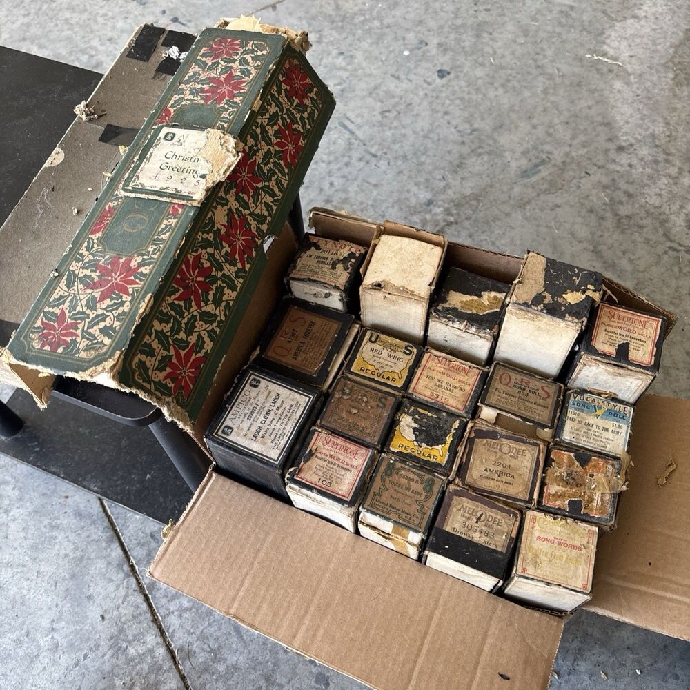 Lot Of 21 Assorted Vintage Player Piano Rolls w/ Boxes Ampico QRS MelODee USA